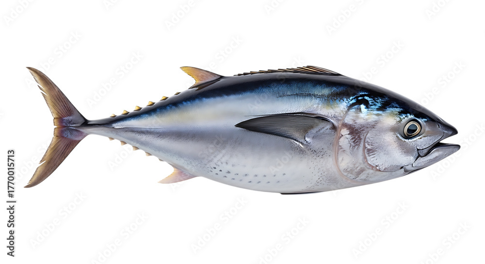Fototapeta premium Whole Tuna Fish with Blue and Silver Scales and Yellow Finlets isolated on a transparent background seafood