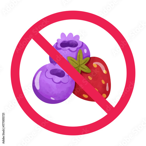 No berry sign, forbidden berry sign, no berries allowed, stop eating berries sign, red crossed circle symbol vector illustration
