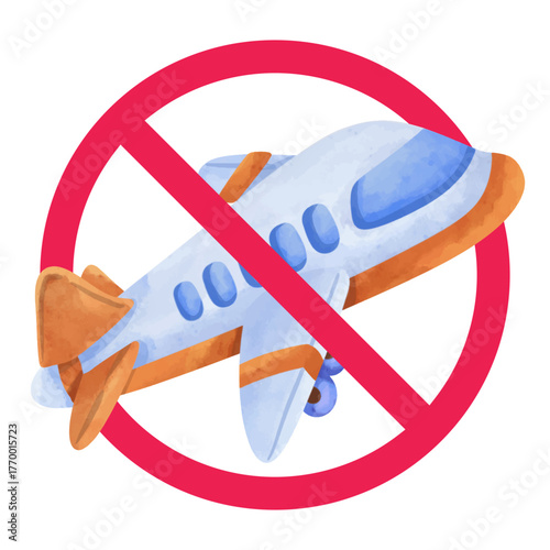 No airplane sign, forbidden sign with plane icon, disadvantages of air transport, negative effects of air travel, red crossed circle symbol, vector illustration
