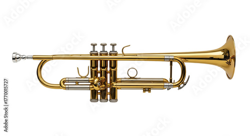 Shiny brass trumpet with silver accents and three valves isolated on a transparent background musical instrument