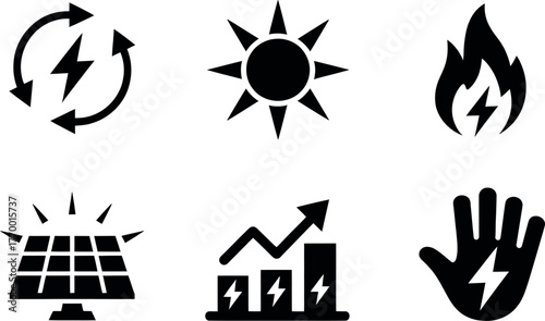 Set of six black and white icons representing renewable energy sources and power concepts vector