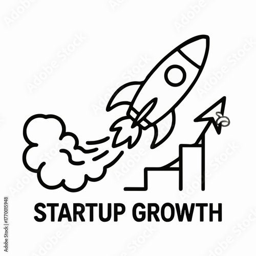 Startup rocket taking off with upward graph and smoke trail  