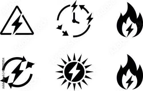 Set of six black and white icons representing energy safety and renewable power sources vector