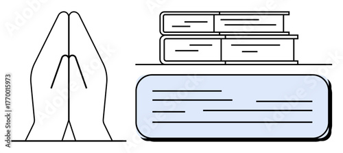 Folded hands near books and a text block, representing spirituality, learning, reflection, meditation, education, faith and mindfulness. Ideal for thematic concepts. Simple flat metaphor