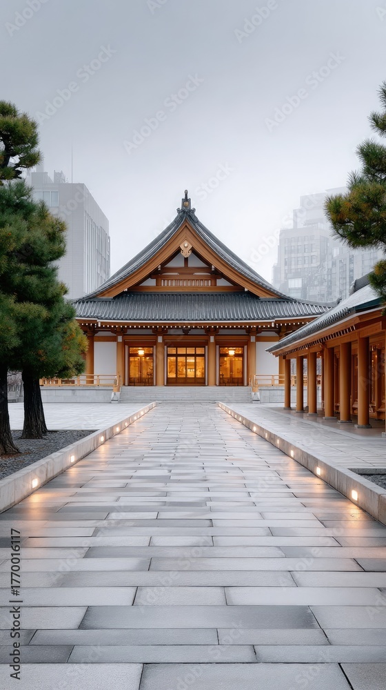 Fototapeta premium Classical Japanese Temple With Multi Tiered Roof Illuminated With Warm Light On A Snowy Day With Stone Pathway Lined With Lights And Green Trees