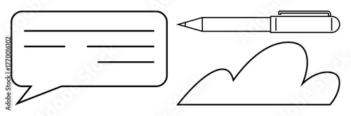 Speech bubble, pen, and cloud outline emphasizing communication, creativity, thoughts, writing, brainstorming, and sharing ideas. Ideal for education innovation teamwork messaging digital