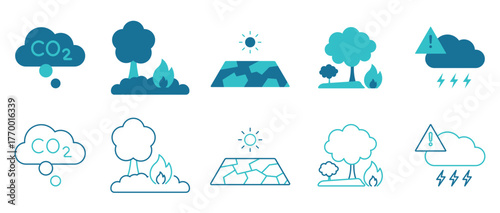 Eco Crisis Icon set.Climate Action, Global Warming, Green Energy, Melting. Vector and illustrator set