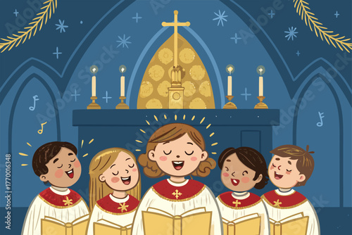A vibrant, diverse children's choir, beaming with pure joy, raises their voices in harmonious song before a richly adorned altar.