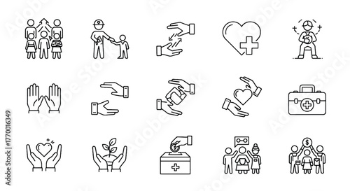 Compassionate icons depict caring hands, donations, and community support for vital causes