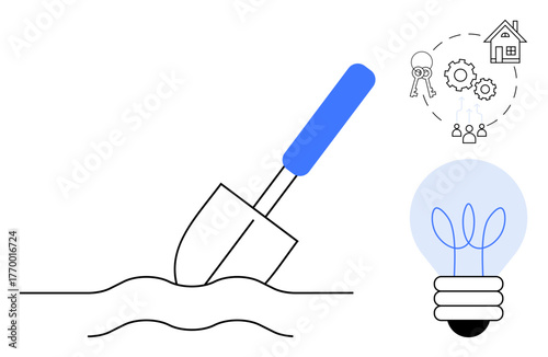 Shovel spade in ground alongside icons for gears, key, people, and house with lightbulb sprout. Ideal for growth, innovation, teamwork, real estate problem-solving development startup. Simple flat