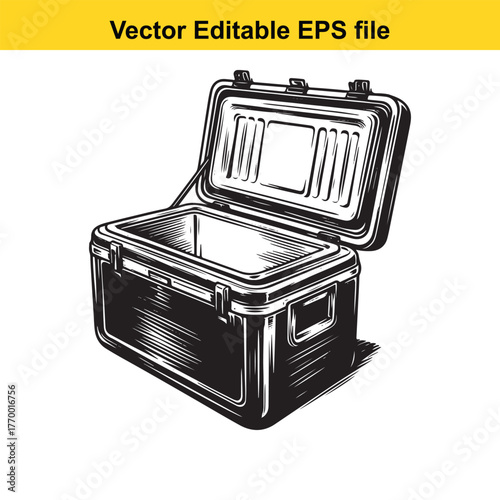 Black and white sketch of an open cooler box