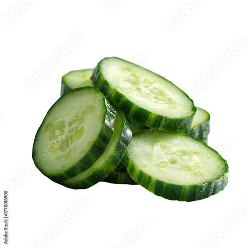 Pile of fresh cucumber slices, vibrant green skin, seeded insides