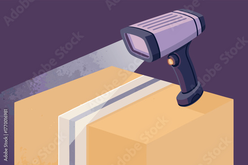 Macro view red laser beam of barcode scanner illuminating retail shopping cart wheel, consumerism, checkout, POS, digital scanning.