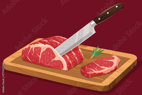 Highly detailed close-up macro of a sharp butcher knife, glistening, slicing a primal cut of raw, marbled beef, creating perfect texture.