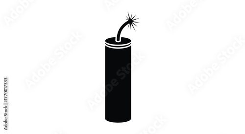 Simple black silhouette of a dynamite stick with a lit fuse ready to explode against a white background