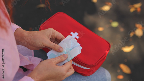 First aid kit. Medical plaster. High-quality photo.