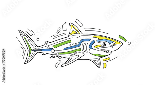 Stylized graphic design of a shark featuring geometric patterns and bright blue, green, and yellow accents, suggesting motion.