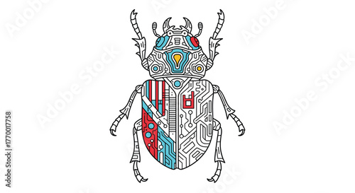 Stylized digital drawing of a beetle, showcasing advanced technological integration and vibrant, machine-inspired components.