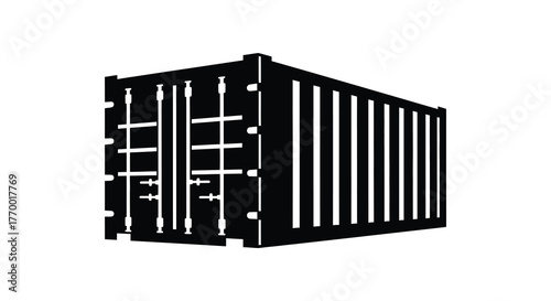 A stark black silhouette of a standard shipping container viewed from an angle on a white background