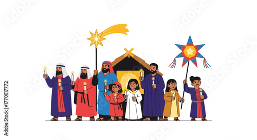 A festive illustration shows a procession of people carrying candles and stars toward a stable