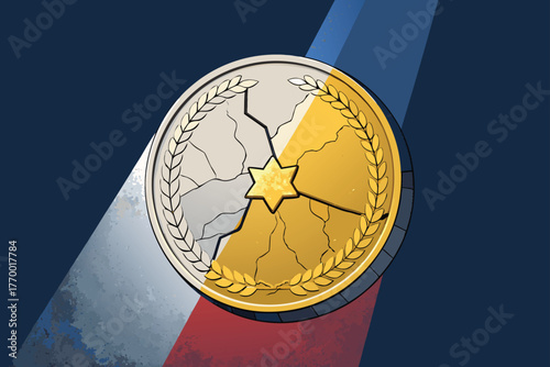 Extreme close-up of a severely fractured ancient coin, showcasing deep fissures, weathered texture, and a dull patina, illustrating a collapsing economy and financial crisis.