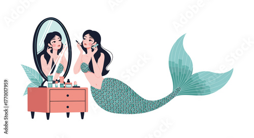 A charming mermaid applies makeup at her vanity, gazing into the mirror as part of her daily beauty routine.