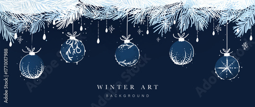 Dark blue Christmas vector background with hanging baubles, pine garland and snowfall, elegant festive backdrop for invitations and posters