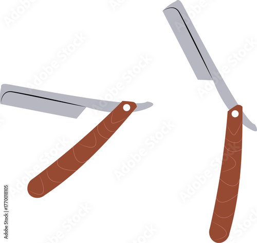 Set of two classic straight razors with brown handles, an essential tool for a professional barber shop shave and men's grooming, isolated vector illustration