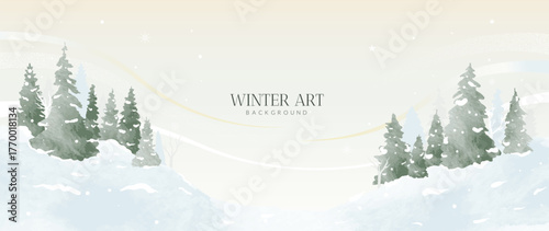 Minimal beige winter landscape vector background with gentle pine hills and soft snow, calm seasonal design for invitations and headers