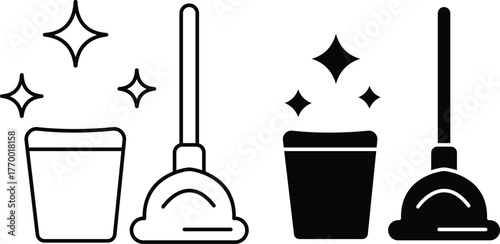Cleaning Tools Icons. Sparkling Plunger and Bucket Outline for Hygiene and Freshness or Vector Silhouette..eps