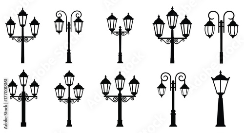 Collection of vintage street lamp silhouettes in various ornate designs and styles on a white background silhouette
