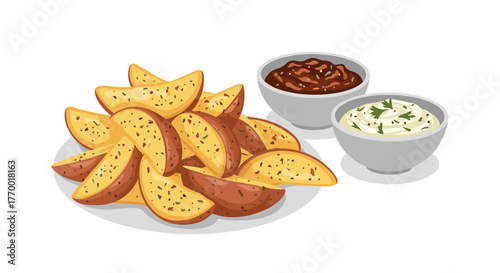 A generous serving of crispy, seasoned potato wedges on a white plate, accompanied by a savory brown dipping sauce and a creamy herb dip.