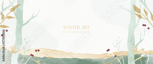 Cream and gold winter botanical vector background with abstract marble lines and foliage, elegant holiday frame for invitations