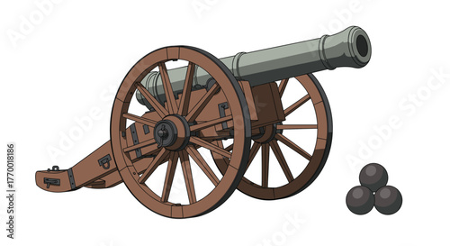 An antique field cannon with wooden spoked wheels, alongside a stack of three iron cannonballs, illustrating historical military artillery.