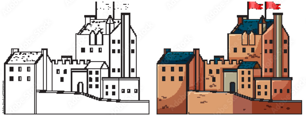 Obraz premium Historic Scottish Castle Vector Illustration with Flags