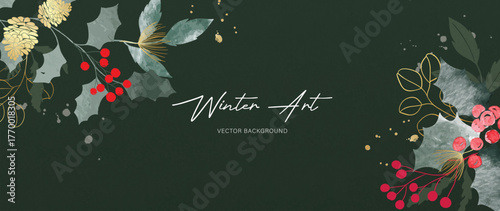Elegant dark green Christmas vector background with winter foliage, red berries and handwritten script, premium backdrop for cards and posters