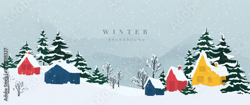 Cozy village winter vector landscape with colorful houses, pine trees and gentle snowfall, friendly holiday background for cards and banners