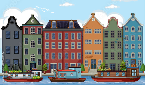 Colorful Dutch Canal Houses and Houseboats in Amsterdam