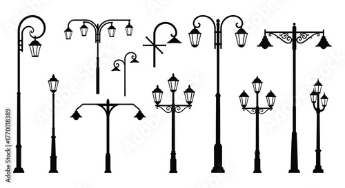Collection of various vintage and classic street lamp posts in a black silhouette style on a white background