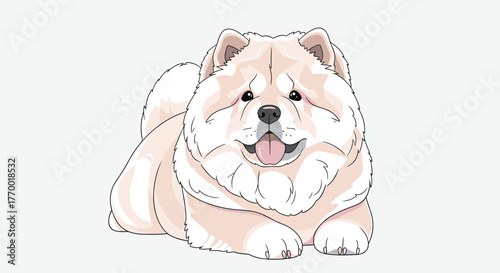An adorable fluffy cream-colored Chow Chow dog with a happy expression, lying down and looking directly at the viewer, depicted in a charming illustration.