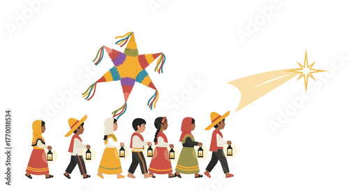 A group of children holding lanterns walking toward a shining star with a colorful piñata floating above