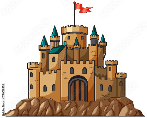 Medieval Stone Castle with Towers and Red Flag