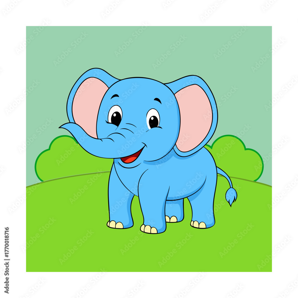 Obraz premium Cute blue cartoon elephant smiling in a green grassy field