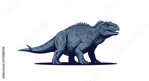 Illustration of a sturdy, spiky-backed dinosaur with scaly skin and a powerful tail, standing on a dark shadow.