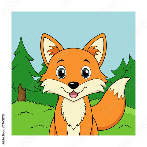 Adorable cartoon fox with bushy tail in a forest setting