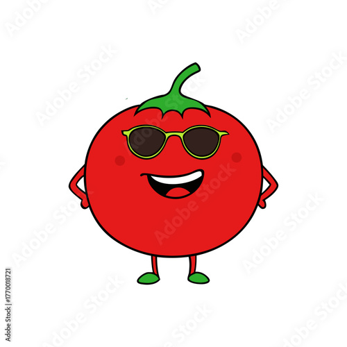 Cool cartoon tomato character wearing sunglasses and smiling happily
