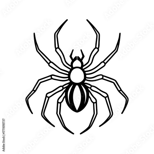 Stylized black and white illustration of a spider with eight legs