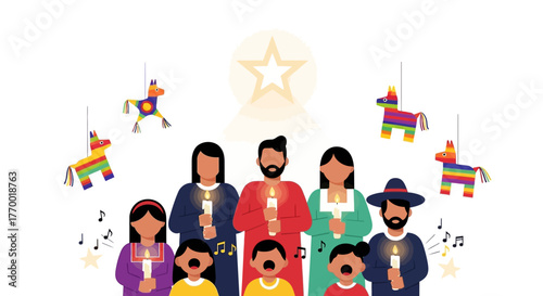 A group of people singing with piñatas and a star above them They hold candles