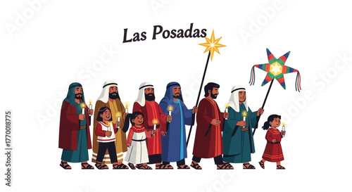 A group of people in traditional clothes walking holding candles and a star under the text Las Posadas