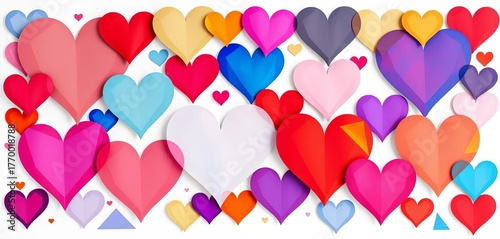 Abstract heart shapes, various colors and styles, geometric designs,  blue,  vibrant
